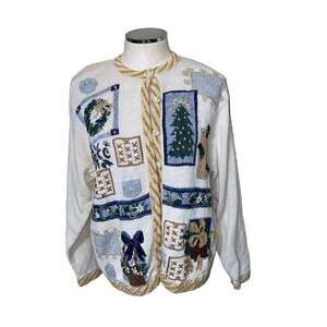 Cascade Blues Vintage Button Front Ugly Christmas Sweater w/fabric buttons SZ L